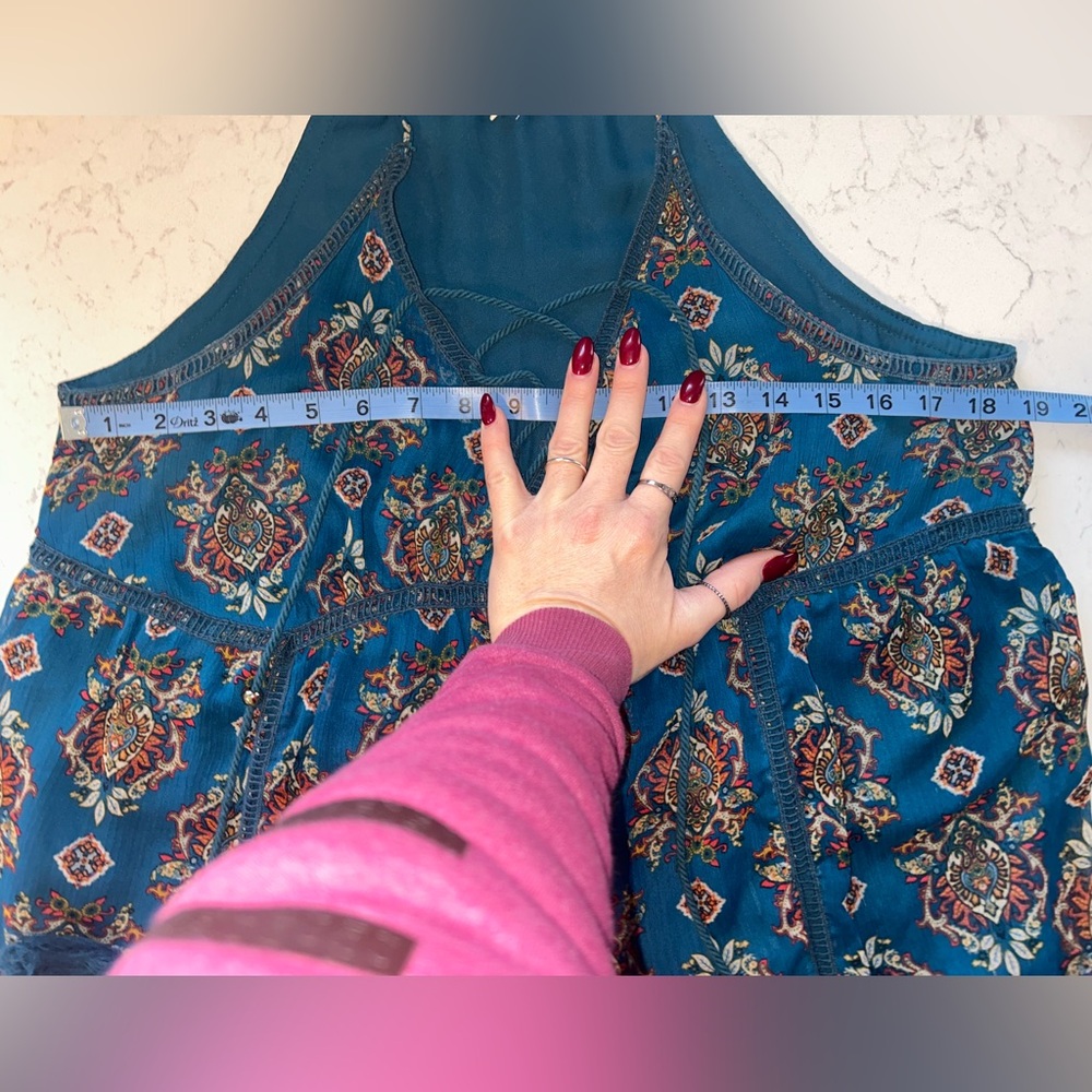 Coco + Jaimeson Bohemian Festival Print Lined Teal Mini Dress Tunic Tank Top - Picture 13 of 14
